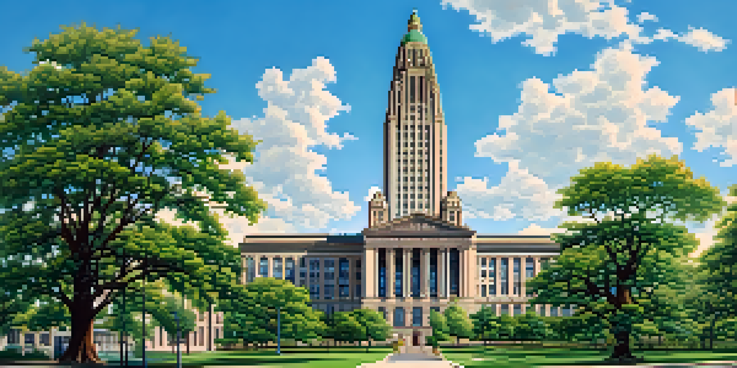 A wide view of Buffalo's City Hall with its Art Deco design, surrounded by greenery and urban elements, under a clear blue sky.