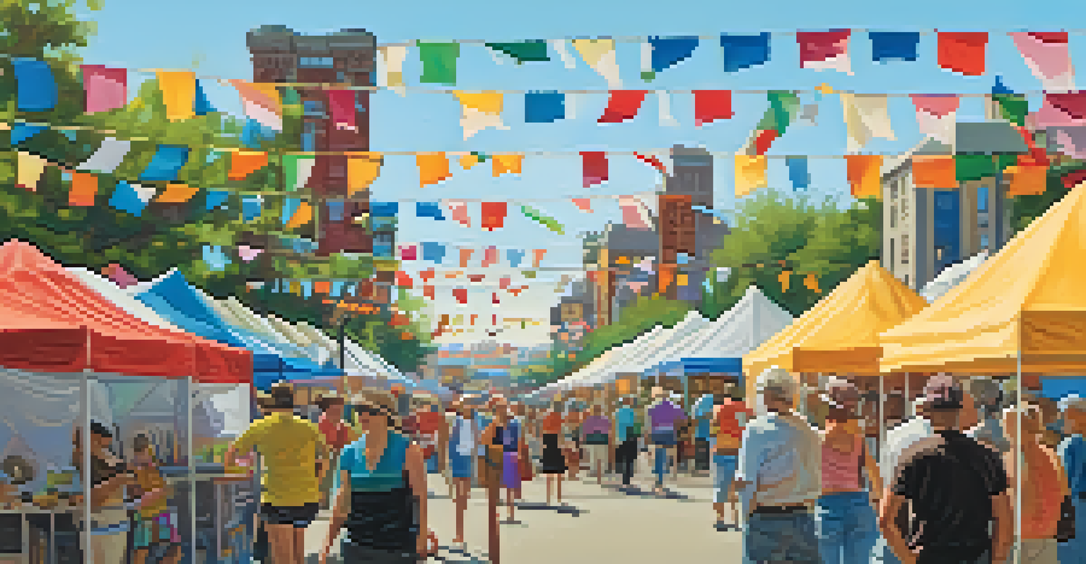 An outdoor art festival in Buffalo, featuring tents with artists’ work, colorful banners, and people enjoying the vibrant atmosphere.