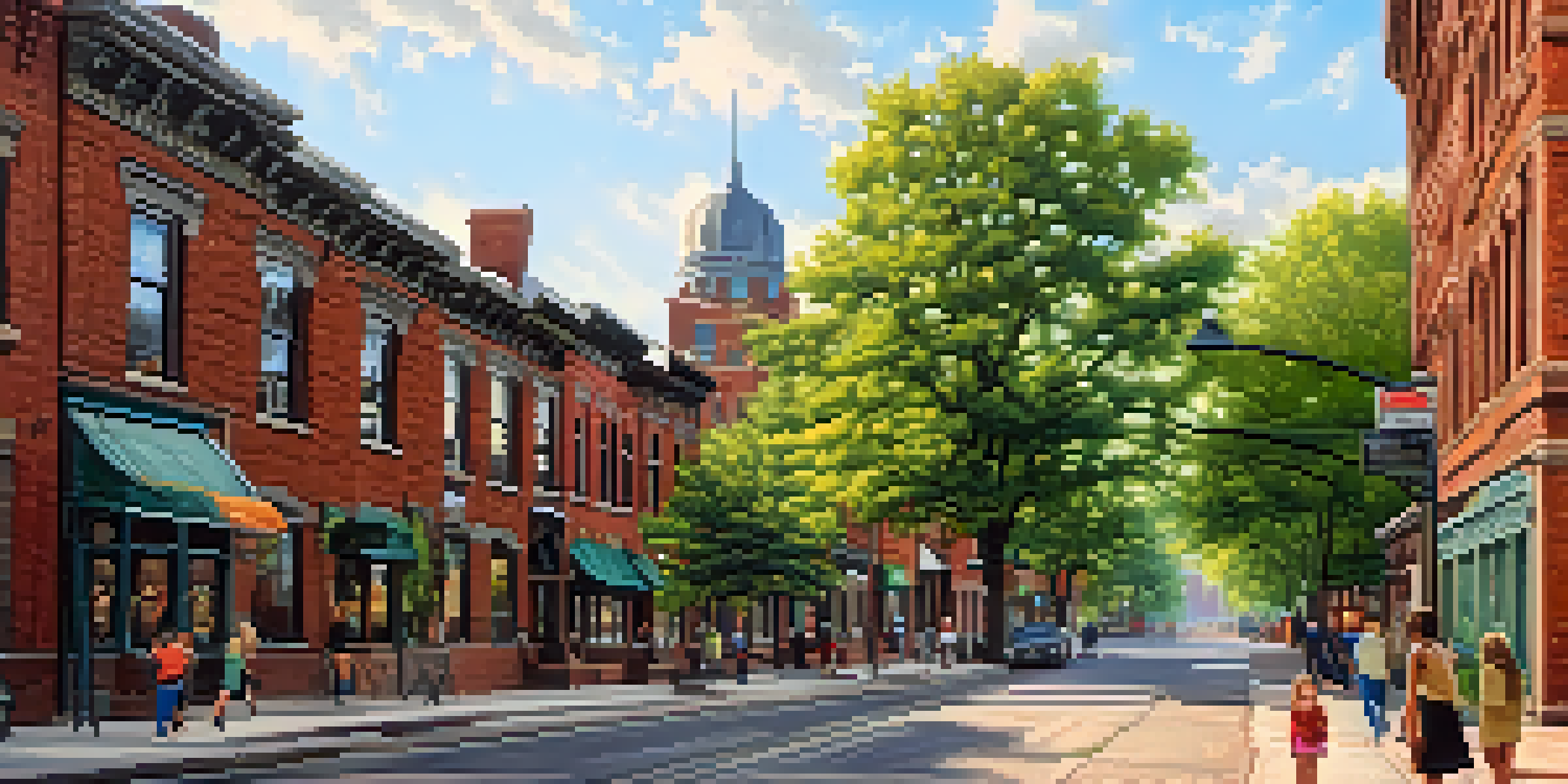 A scenic view of a historic neighborhood with cobblestone streets and brick buildings, illuminated by sunlight.