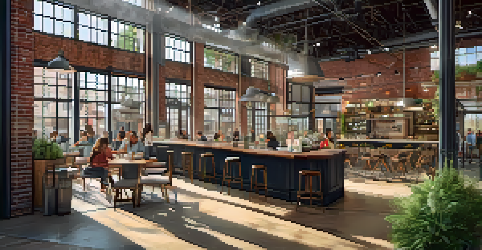 A lively community hub inside a repurposed factory, featuring exposed brick, modern furnishings, and people engaging in various activities.