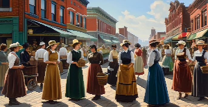 A group of women in historical dresses gathered outside a market in Buffalo, showcasing the entrepreneurial spirit of the 19th century.