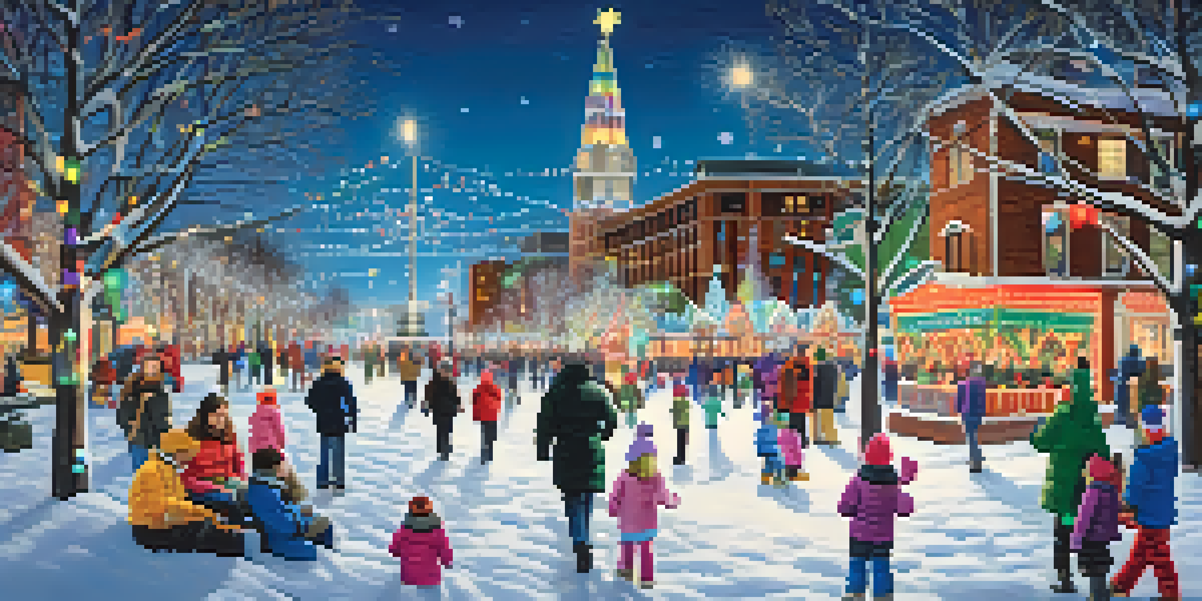 Families walking through a beautifully decorated park filled with colorful lights and holiday installations, with snow falling around them.