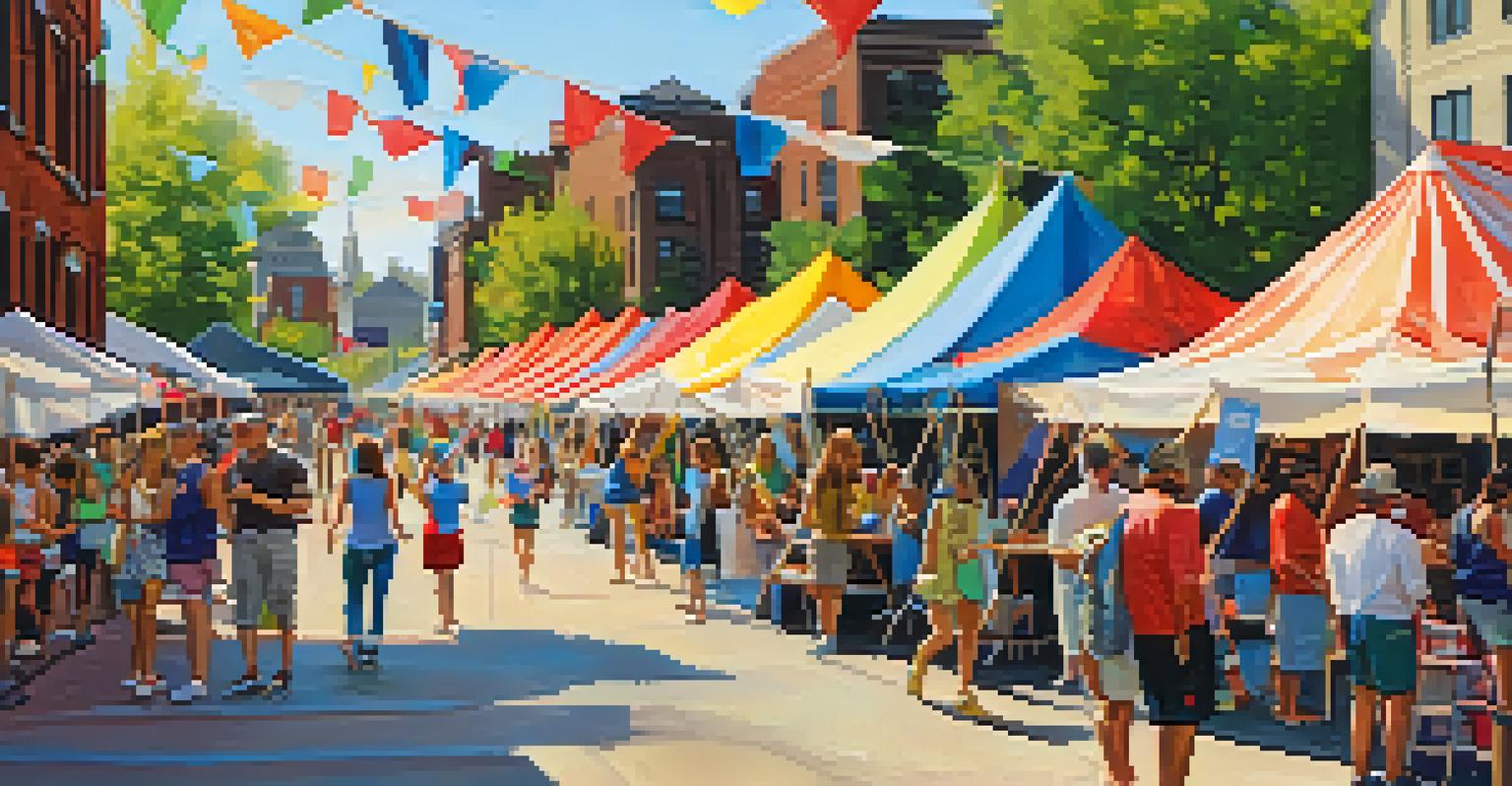 A vibrant street festival with artists and visitors engaging in art and activities, surrounded by colorful tents and decorations.