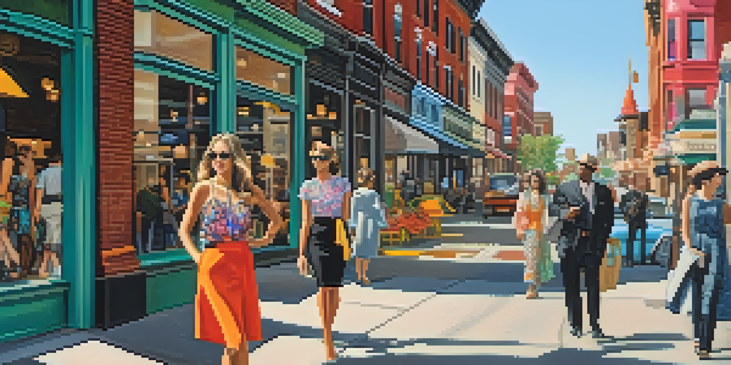 A colorful street scene in Buffalo with people wearing a mix of vintage and modern fashion styles against a backdrop of historic buildings.