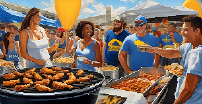 Buffalo sports fans tailgating in a parking lot, wearing blue and gold jerseys, grilling food, and celebrating together before a game.
