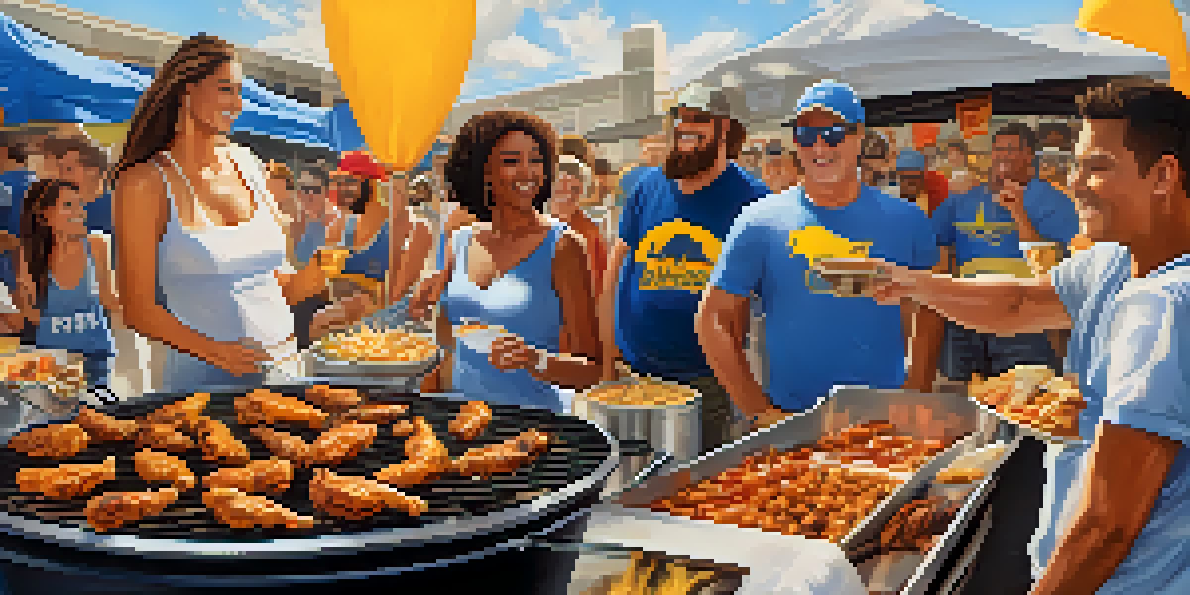 Buffalo sports fans tailgating in a parking lot, wearing blue and gold jerseys, grilling food, and celebrating together before a game.