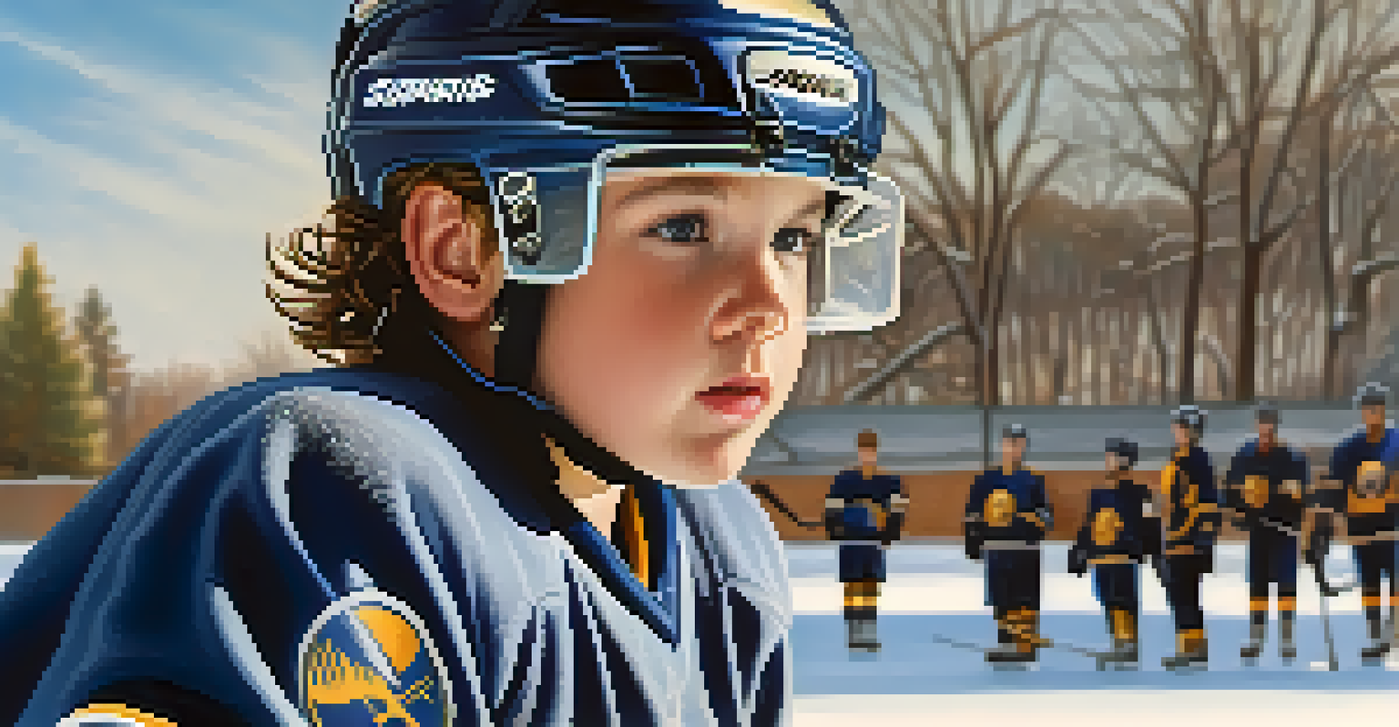 A young hockey player in a Buffalo Sabres jersey practicing on an outdoor rink with a snowy background.
