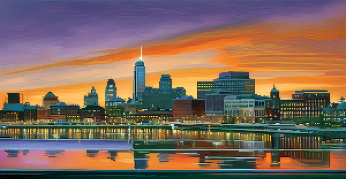 A sunset view of Buffalo's skyline with people in the streets, blending historic and modern architecture.