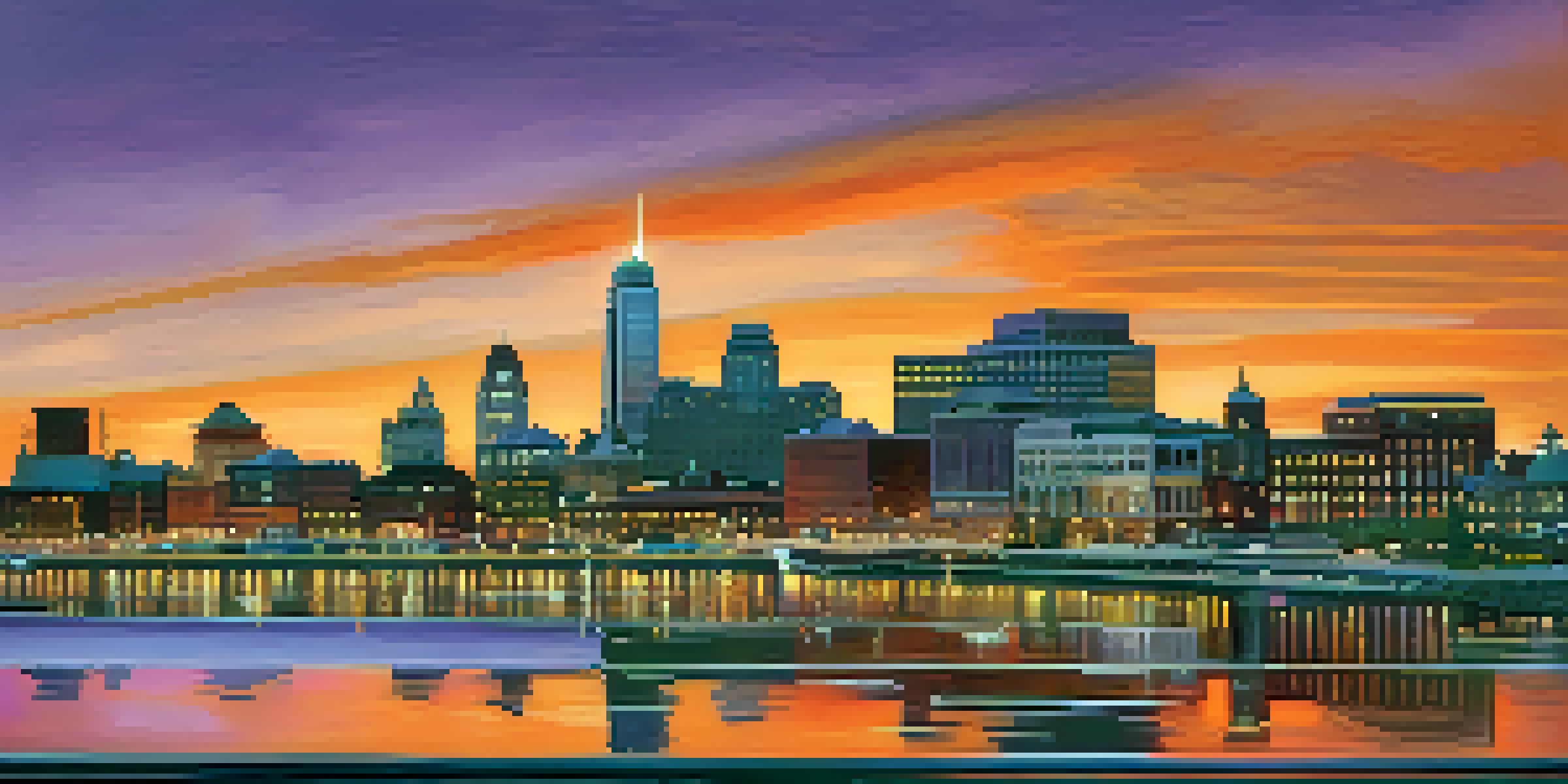 A sunset view of Buffalo's skyline with people in the streets, blending historic and modern architecture.