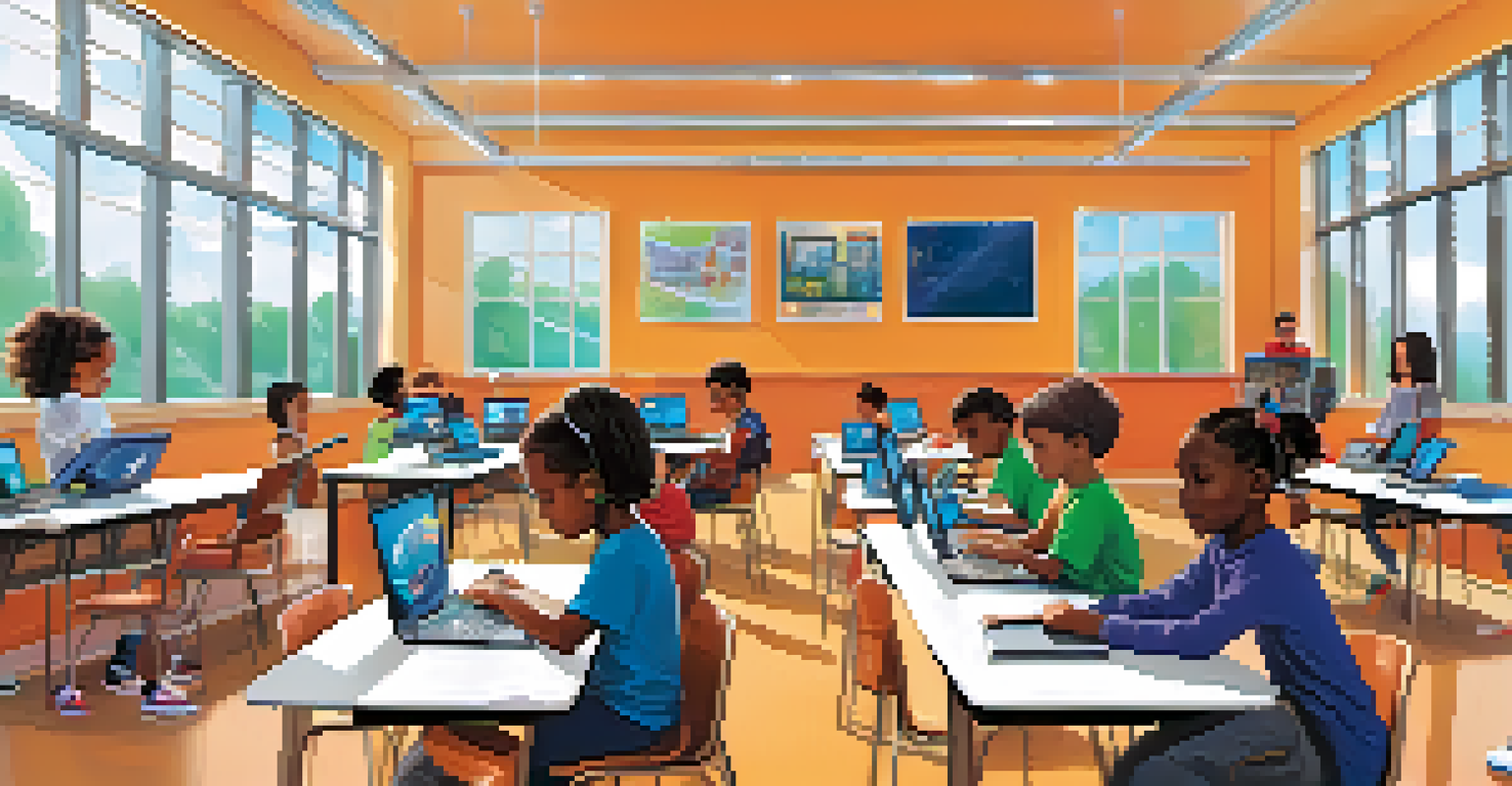 A technology-focused after-school program where children are engaged in a coding workshop with guidance from a mentor.
