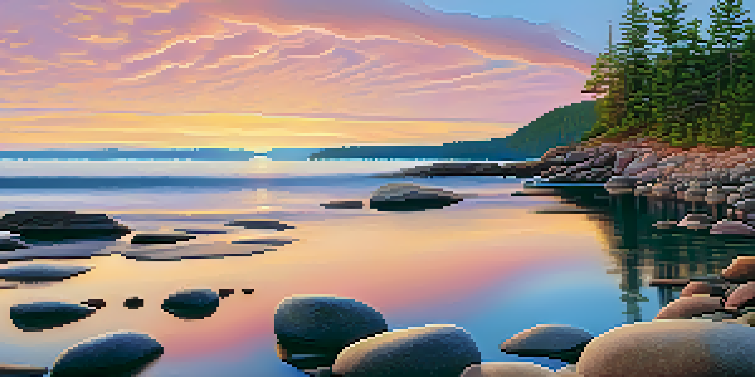 A peaceful sunrise illuminating Lake Superior with golden and pink reflections on calm waters, surrounded by a rocky shore and pine trees.