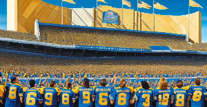 A group of enthusiastic Buffalo sports fans in team jerseys, gathered outside a stadium on a sunny day, showcasing excitement and community spirit.