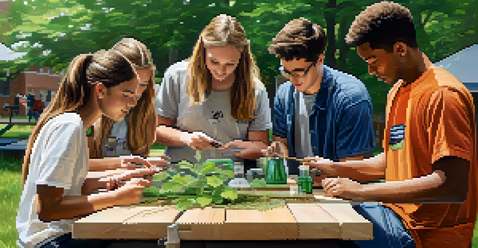 Students at Buffalo State College working on a hands-on environmental science project outdoors, surrounded by greenery and renewable energy models.