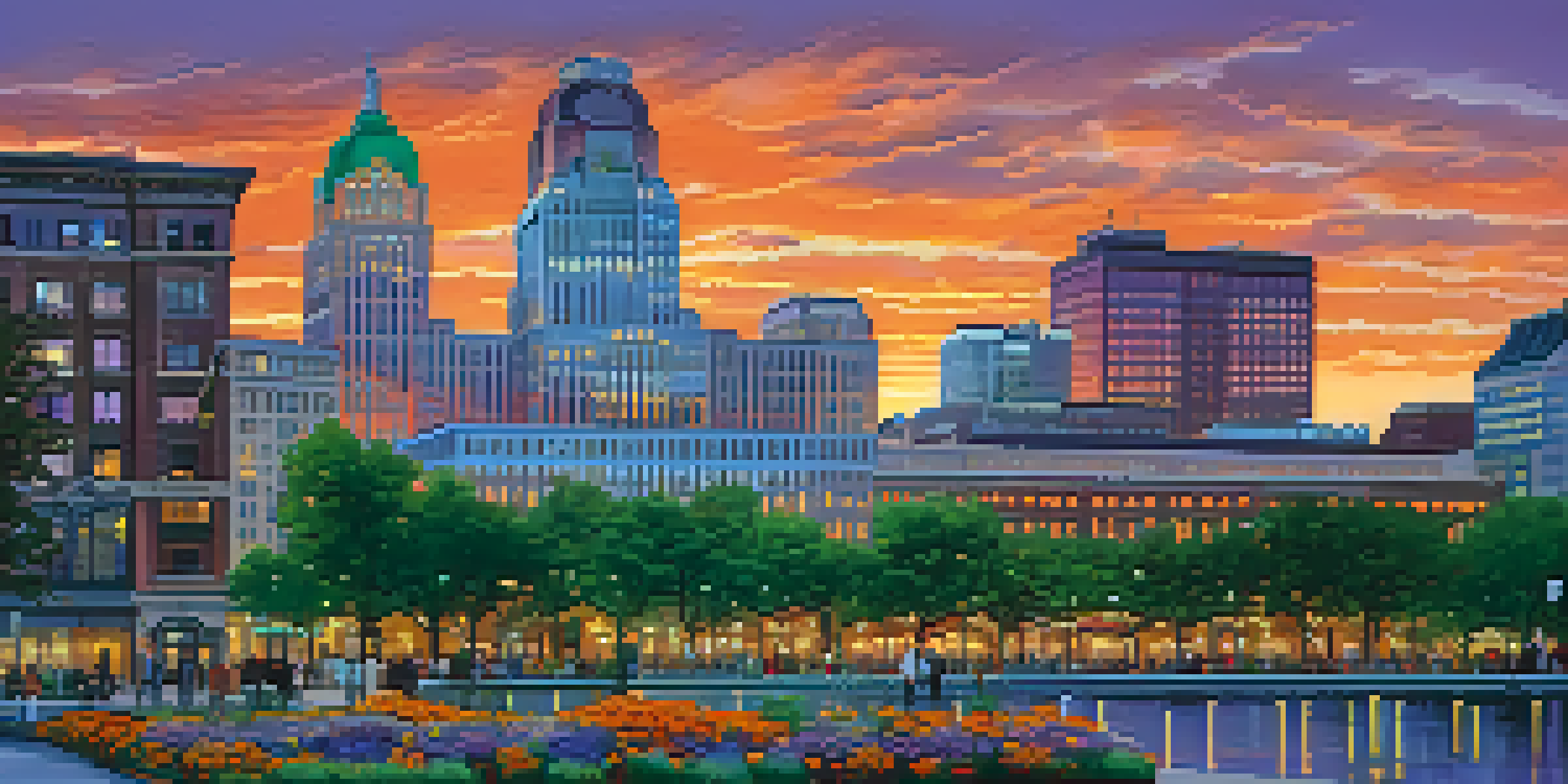 A sunset cityscape of Buffalo, featuring a blend of historical and modern architecture, with people in a park.
