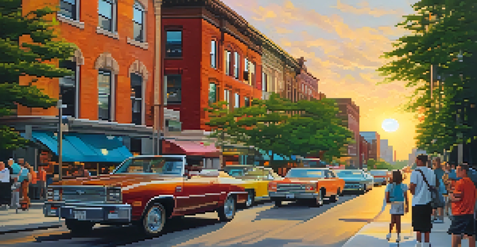 A colorful street scene in Buffalo with murals, people walking and biking, and a sunset sky.