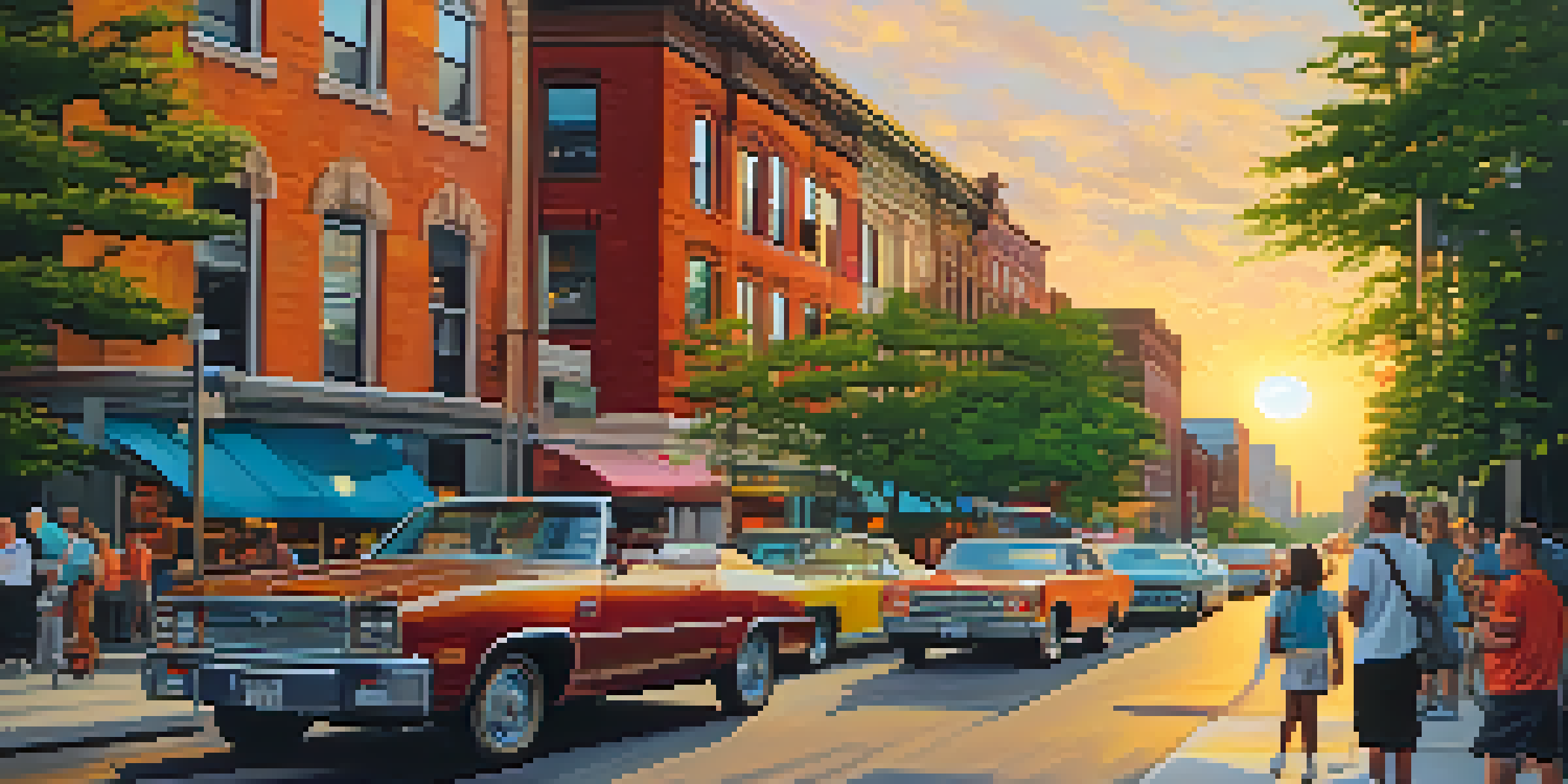 A colorful street scene in Buffalo with murals, people walking and biking, and a sunset sky.