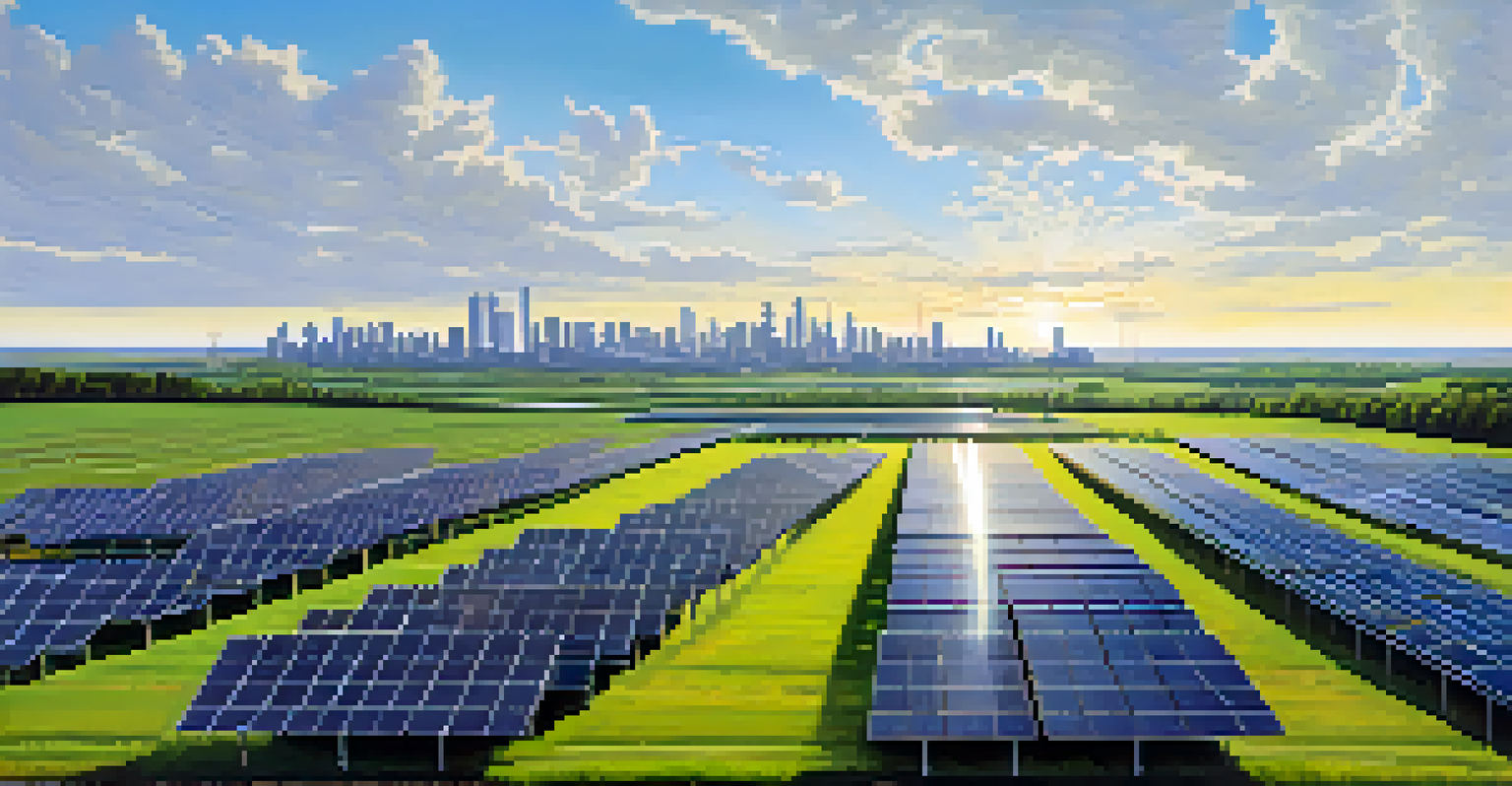 Aerial view of a solar farm in Buffalo with solar panels and the city skyline in the background.