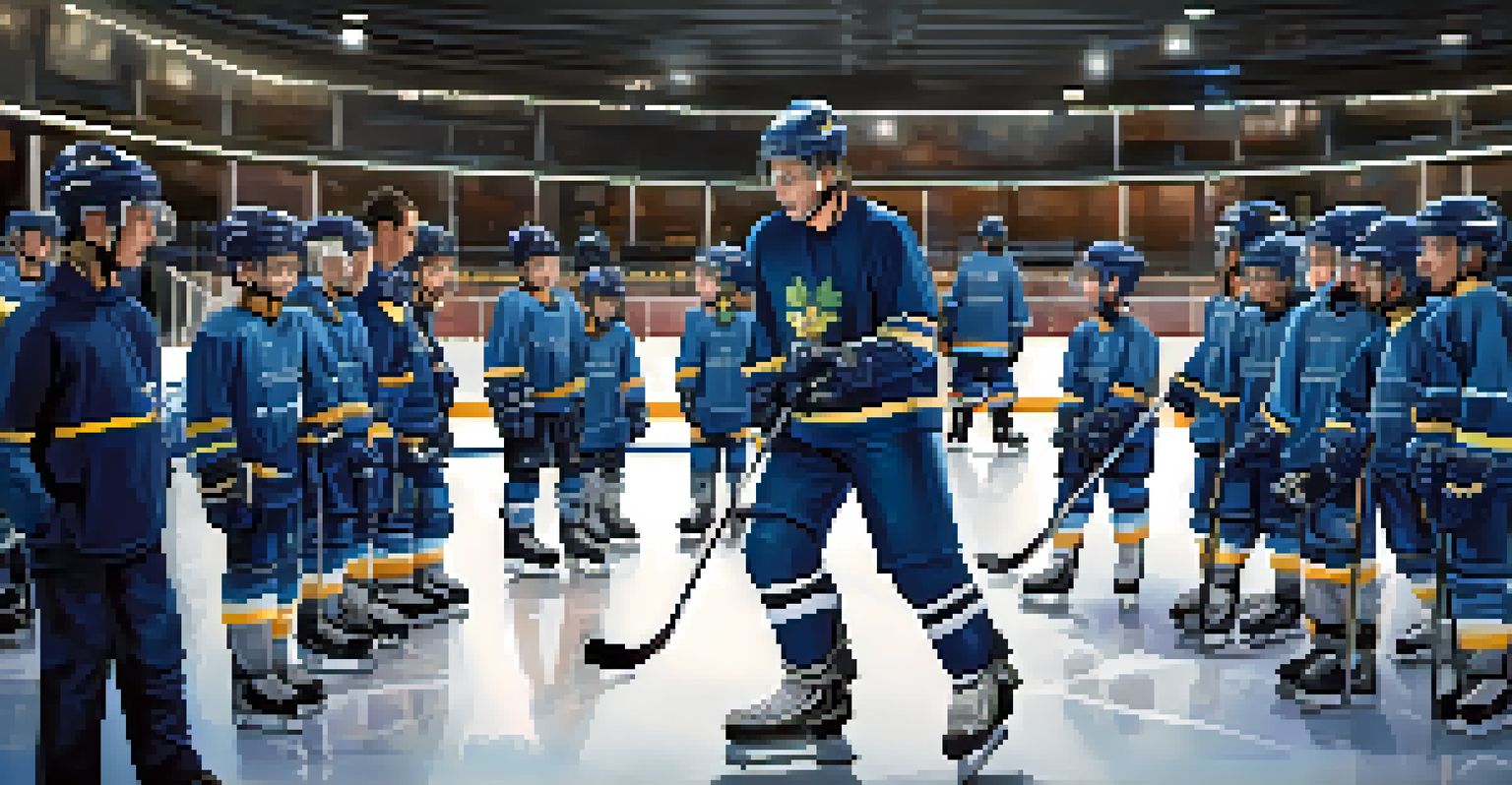A coach giving instructions to young hockey players during practice on the ice.
