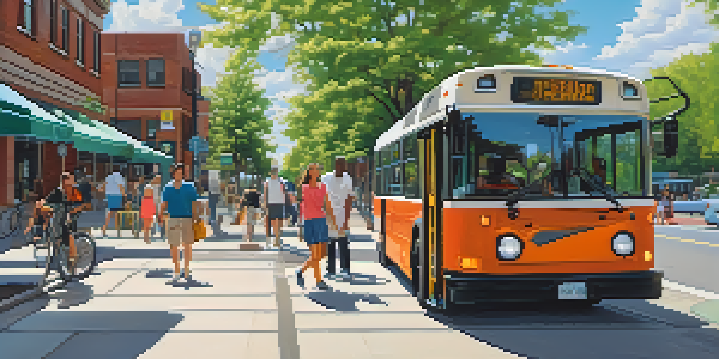 A bustling Buffalo street with people walking, cycling, and an electric bus, surrounded by greenery and blue skies.