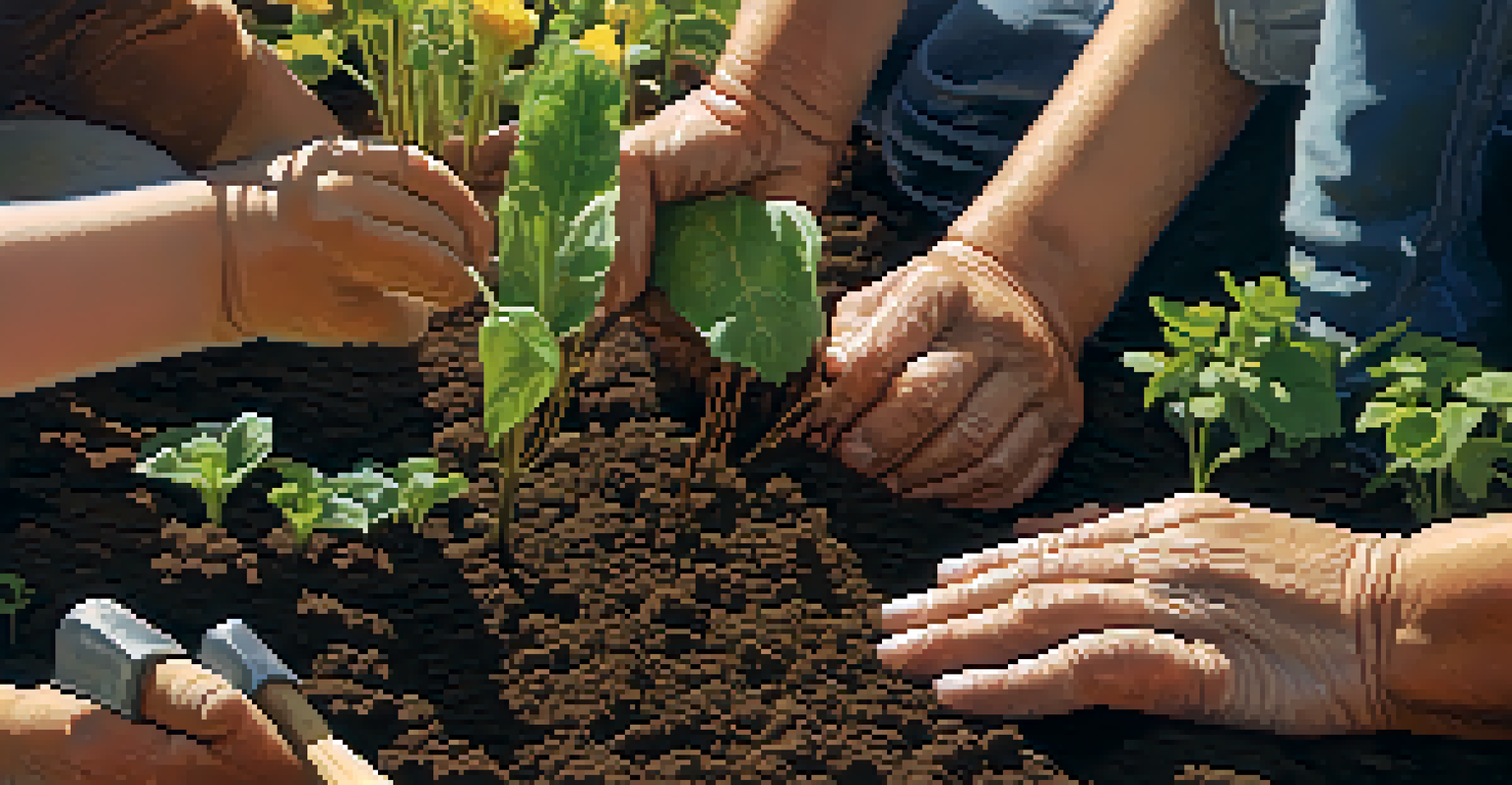 Close-up of diverse hands planting flowers in a community garden, showcasing soil, plants, and gardening tools, illuminated by warm sunlight.