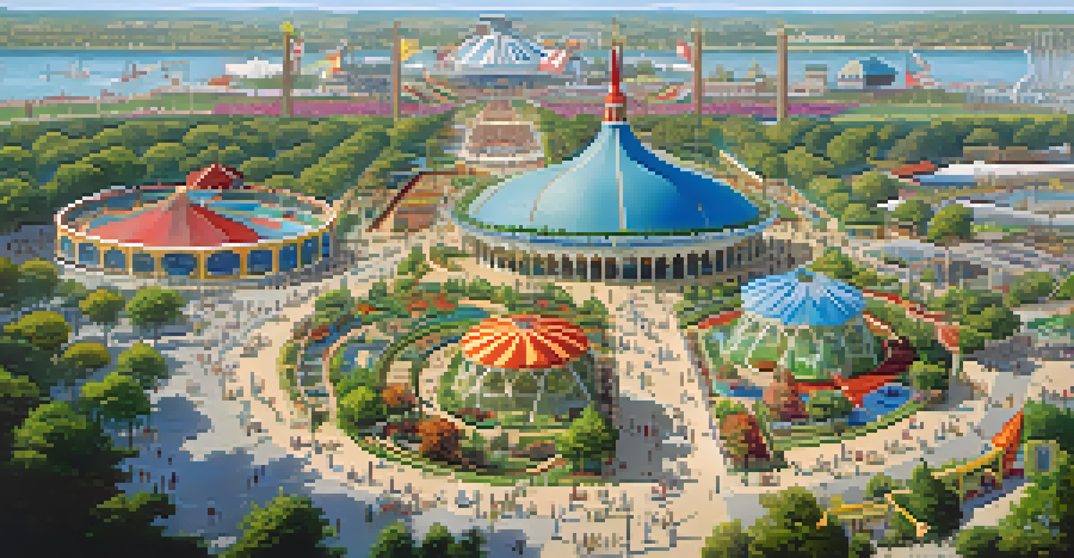 Aerial view of the Pan-American Exposition showing colorful pavilions and visitors exploring the fair.