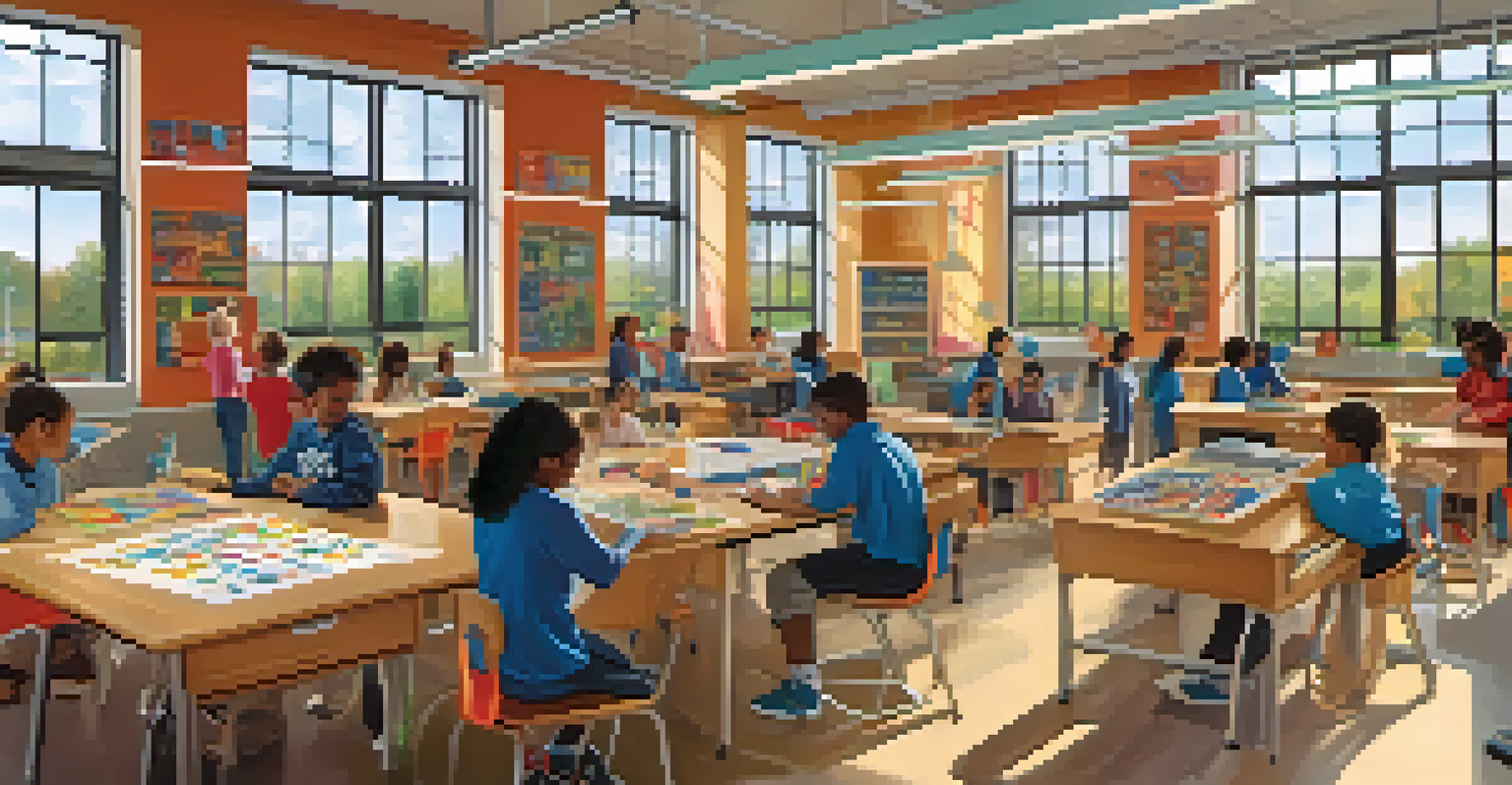 Diverse students in a public school classroom engaged in a STEM activity, with colorful materials and natural light from large windows.