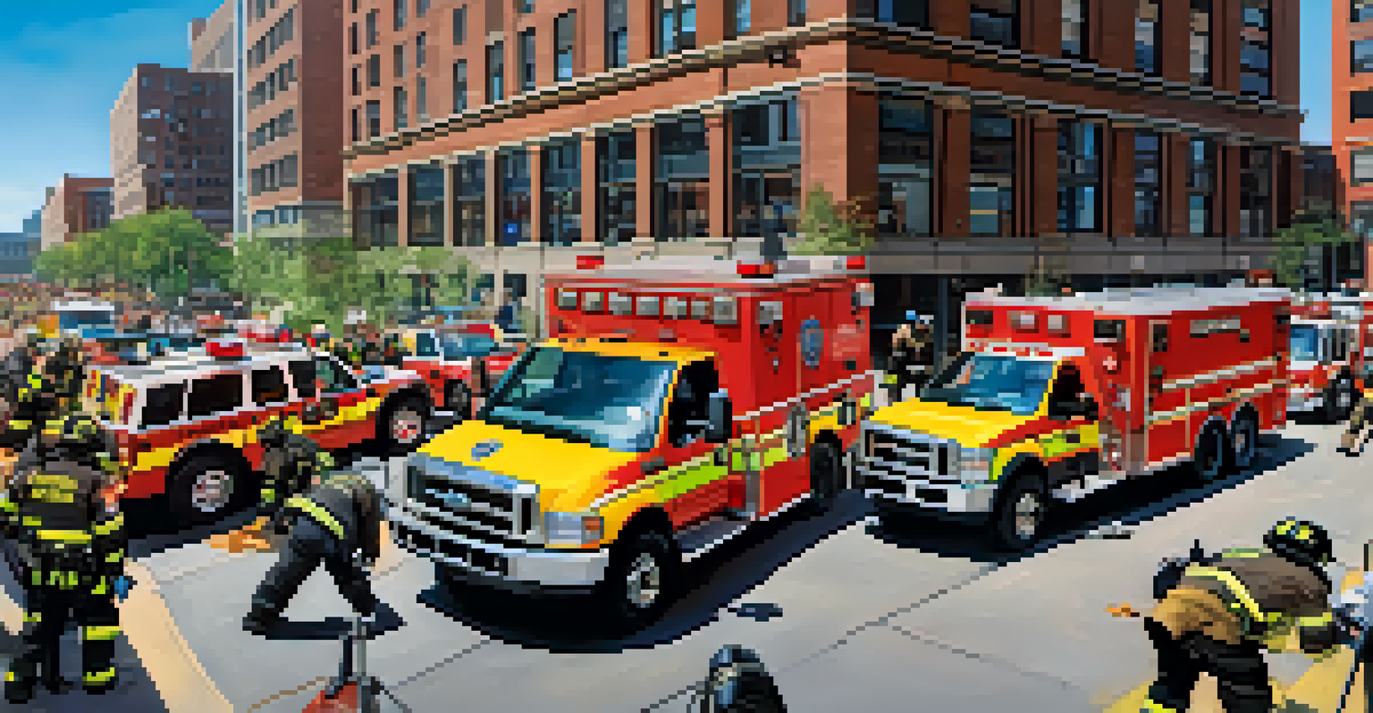 Diverse first responders working together during a simulated disaster drill in Buffalo, with emergency vehicles and equipment in an urban setting.