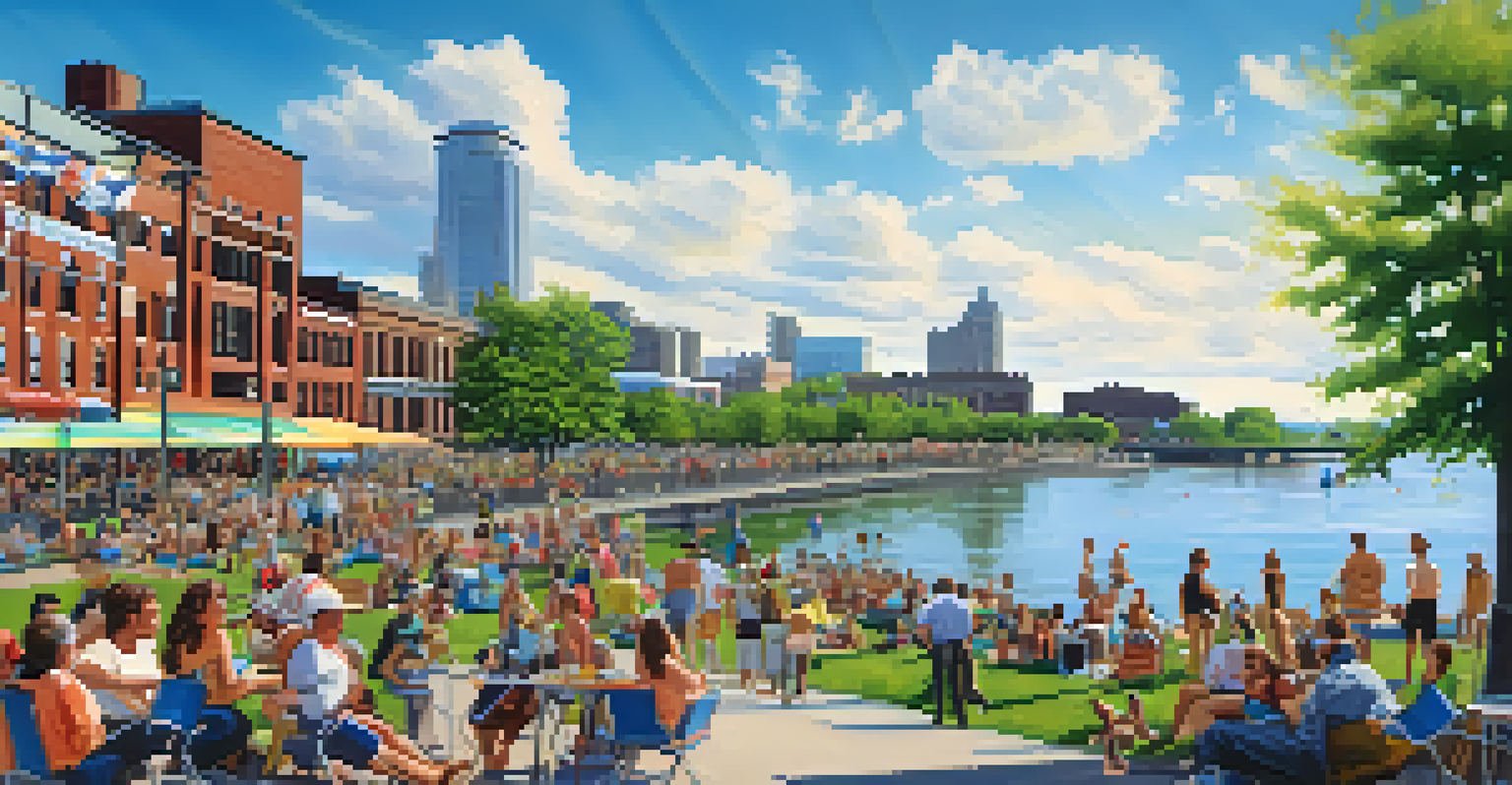 A lively modern scene at Canalside in Buffalo, featuring people enjoying concerts and outdoor activities by Lake Erie.