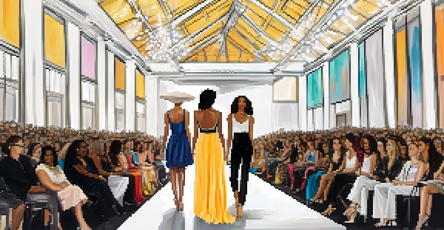 A lively fashion event in Buffalo with a runway showcasing local designers, diverse models walking, and an engaged audience under artistic lighting.