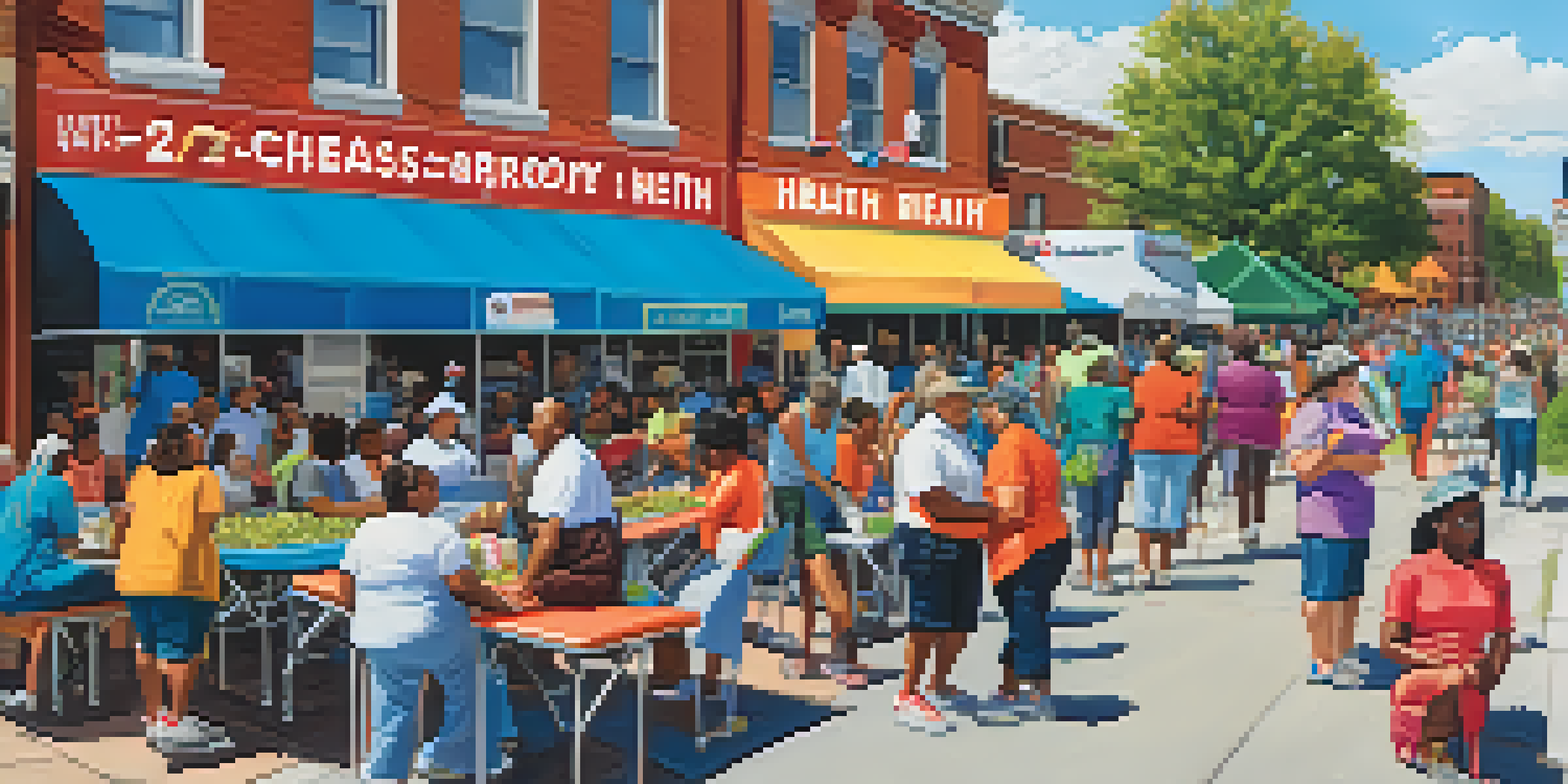 A community health fair in Buffalo with various booths, people exercising, and colorful banners promoting health awareness.