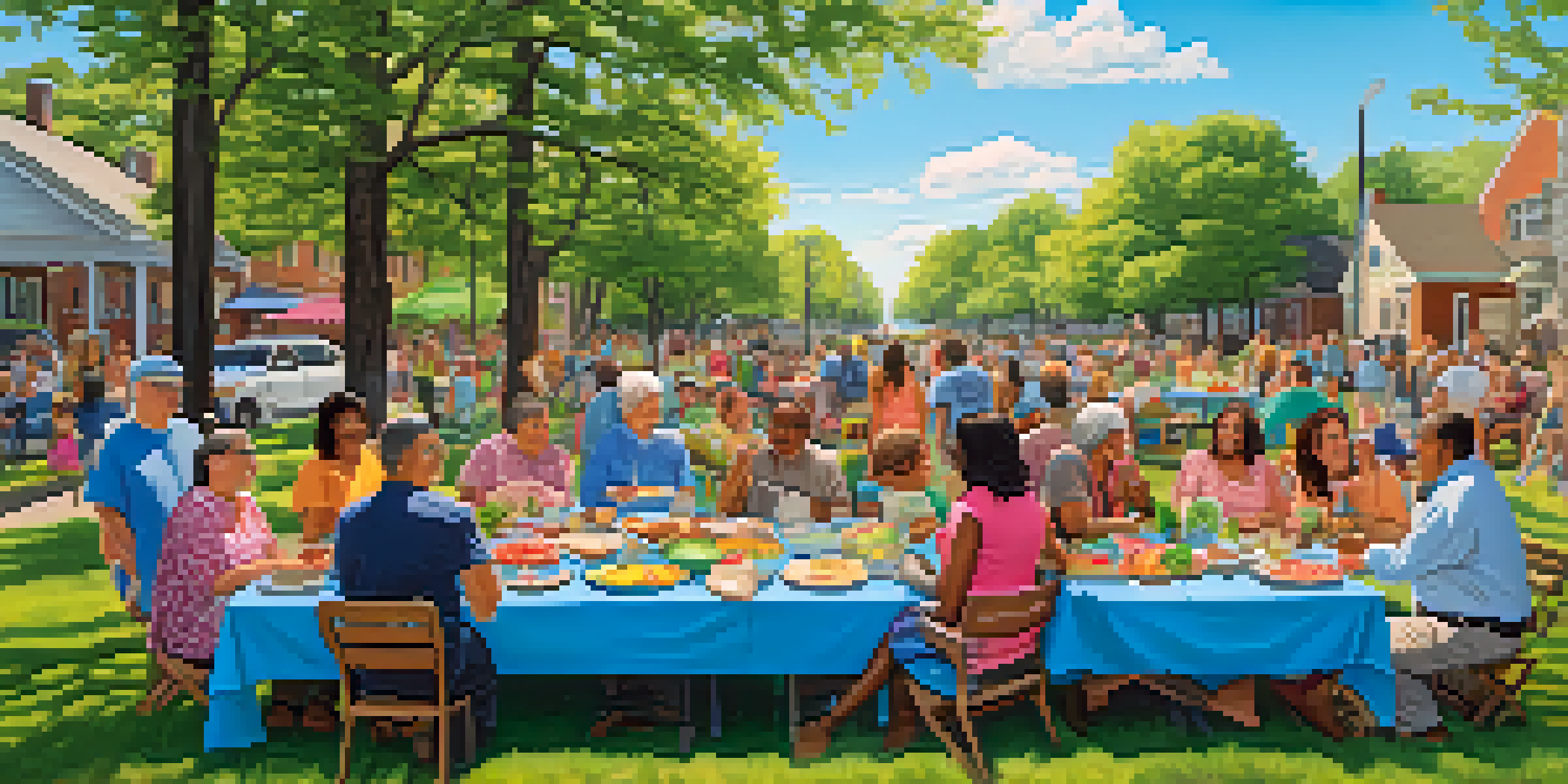 A diverse group of residents enjoying a potluck in a park, sharing food and engaging in conversation, surrounded by blooming flowers and trees.