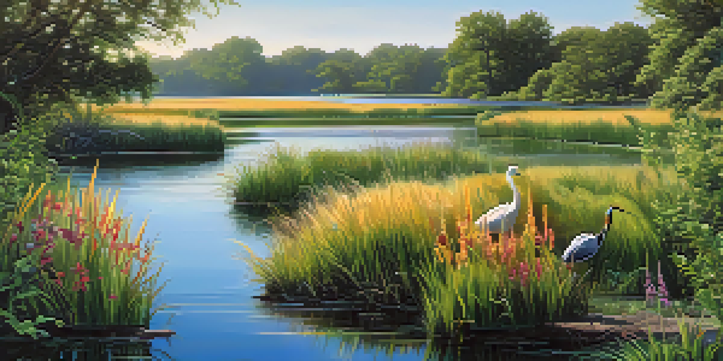 A serene wetland scene in Buffalo with plants, flowers, ducks, and a heron under a blue sky.