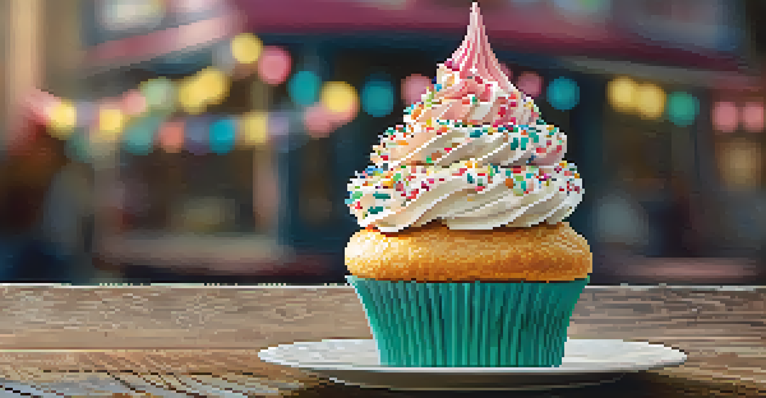 A beautifully decorated gourmet cupcake on a wooden table, showcasing vibrant frosting and sprinkles.