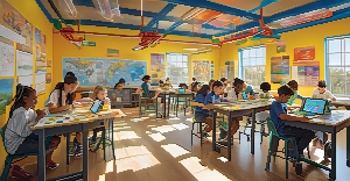 A classroom filled with diverse students working on a robotics project together, with educational posters and sunlight coming through the windows.