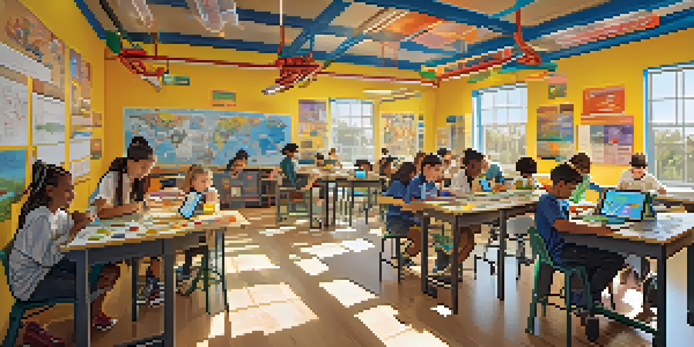 A classroom filled with diverse students working on a robotics project together, with educational posters and sunlight coming through the windows.