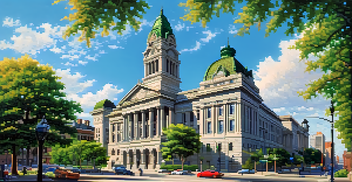 An ornate Beaux-Arts city hall building with a clock tower, surrounded by greenery and a clear blue sky.