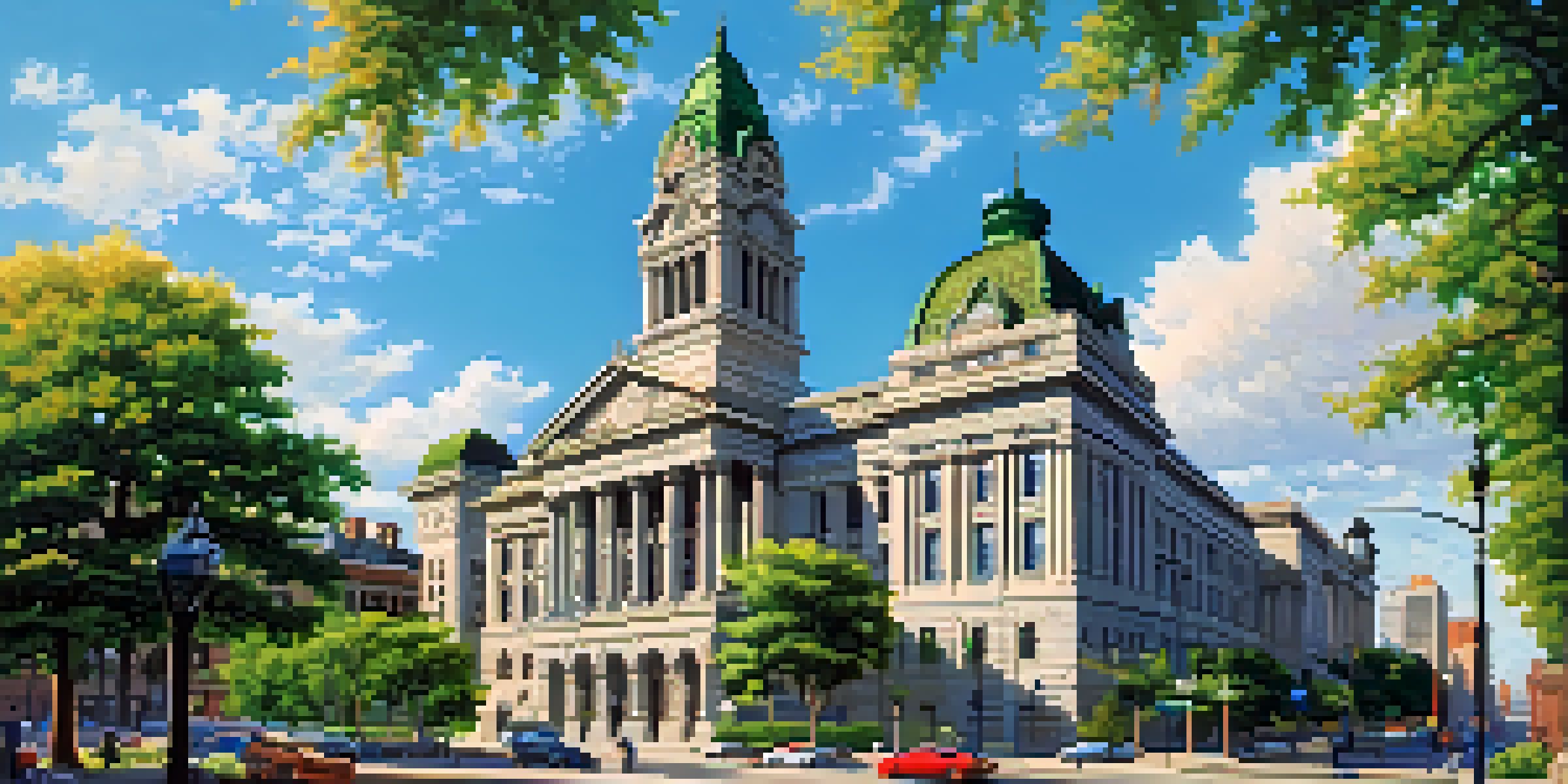 An ornate Beaux-Arts city hall building with a clock tower, surrounded by greenery and a clear blue sky.