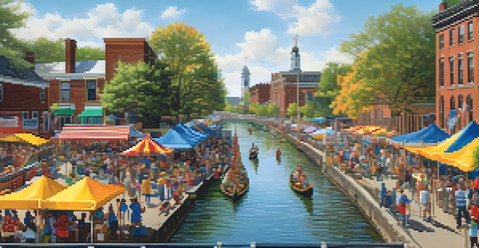 A vibrant festival along the Erie Canal with diverse people enjoying food and music.