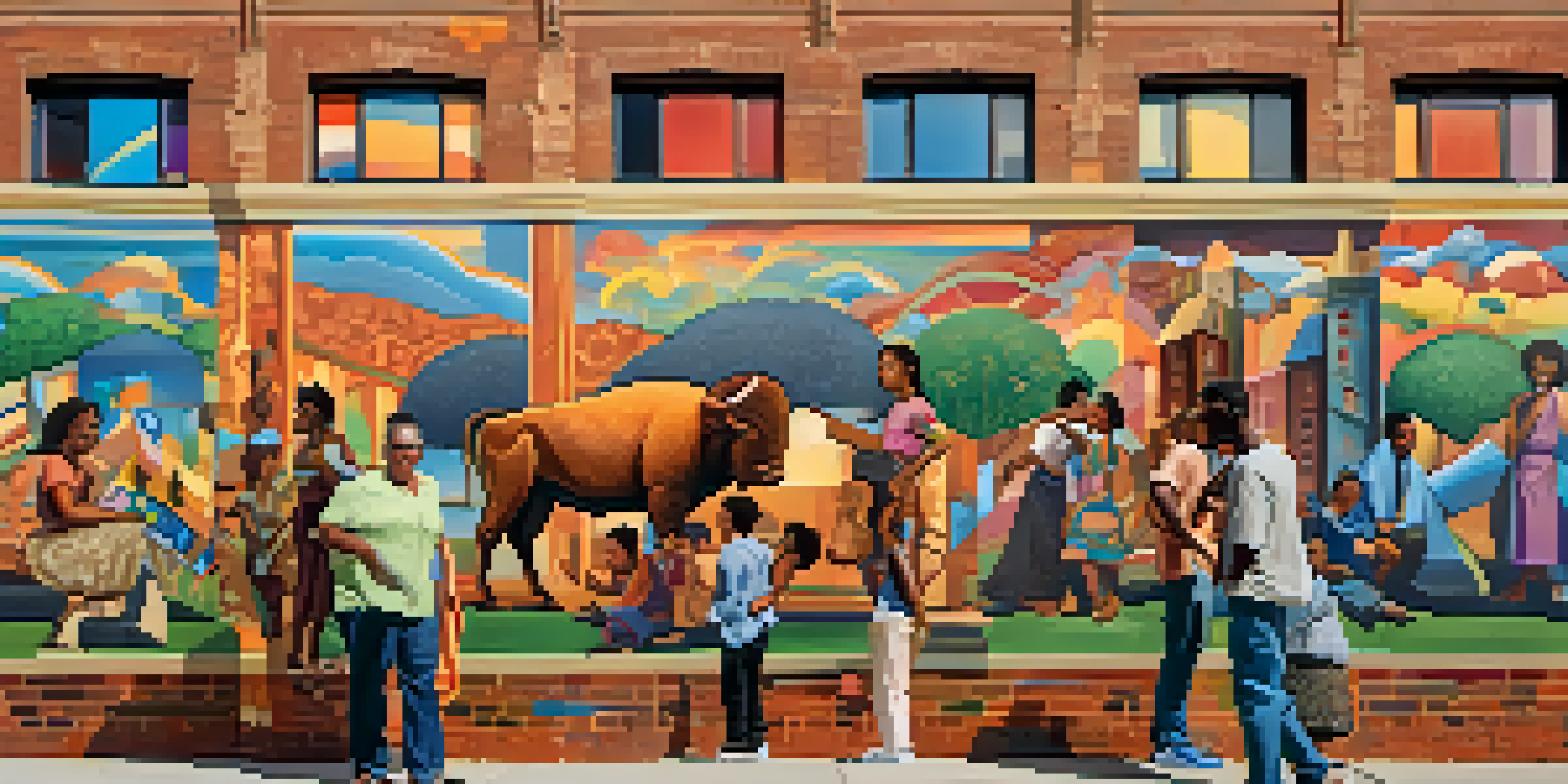 A colorful urban mural showing a diverse community engaged in artistic activities, illuminated by warm sunlight.