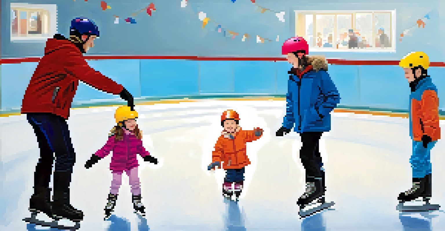 A beginner ice skating lesson with a friendly instructor and children on an indoor rink, wearing colorful helmets and skates.