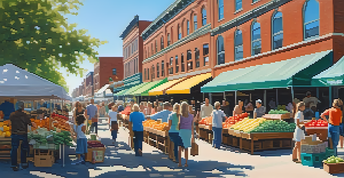 A lively farmer's market in Buffalo filled with colorful stalls and people enjoying a sunny day.