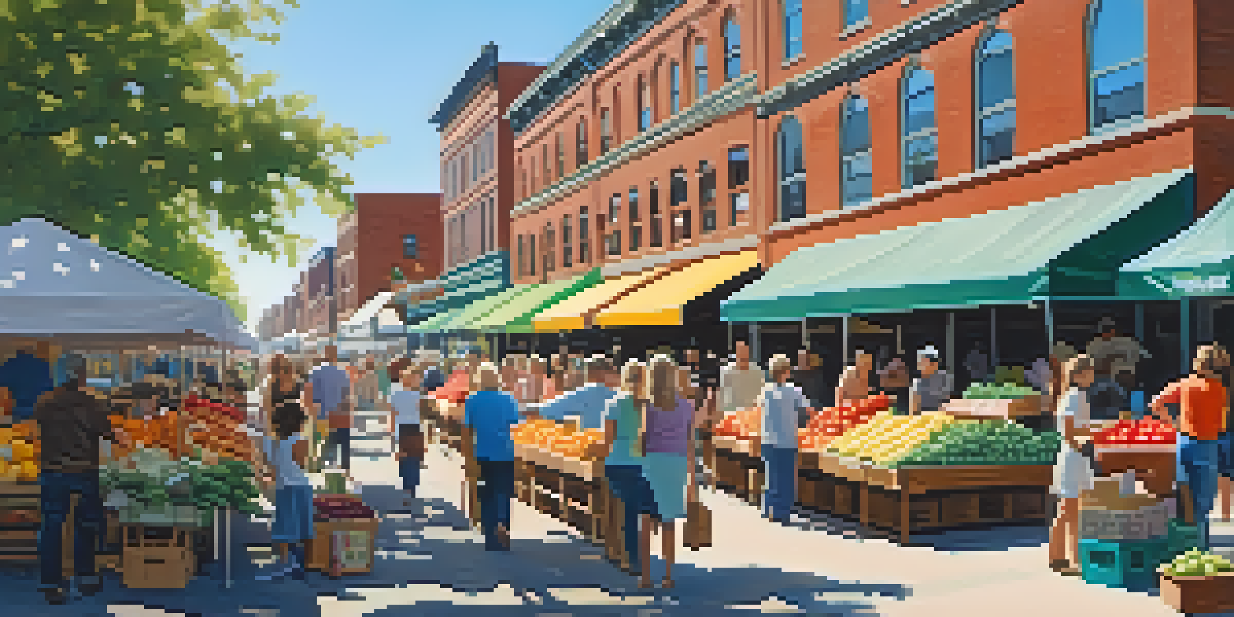 A lively farmer's market in Buffalo filled with colorful stalls and people enjoying a sunny day.