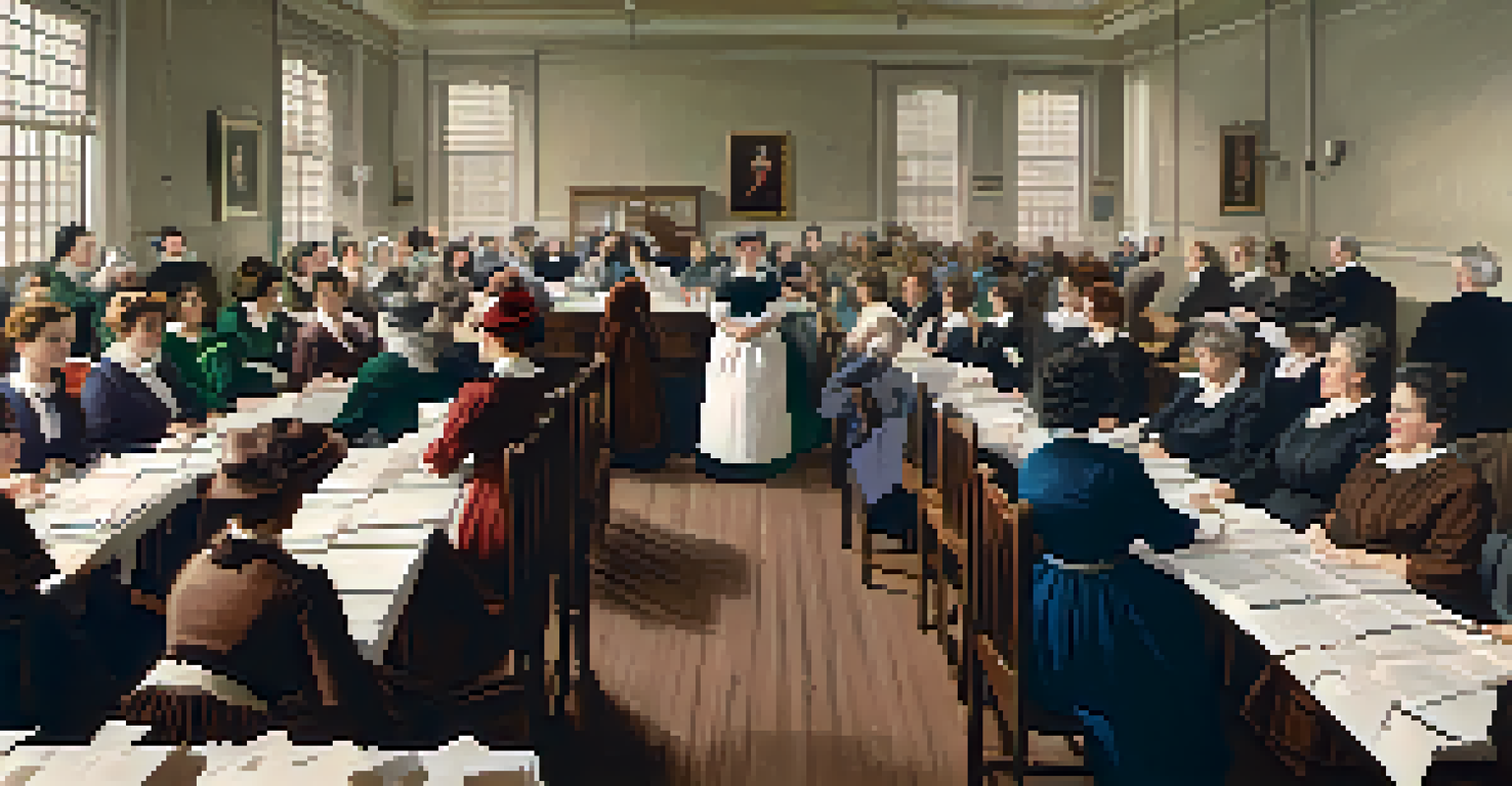 A group of women in a 19th-century meeting room discussing women's rights, with banners and natural light illuminating the scene.