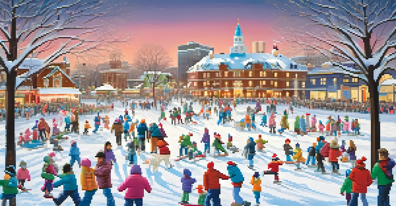 Families enjoying a winter festival in Buffalo, with activities like snowman building and ice skating in a snowy park.