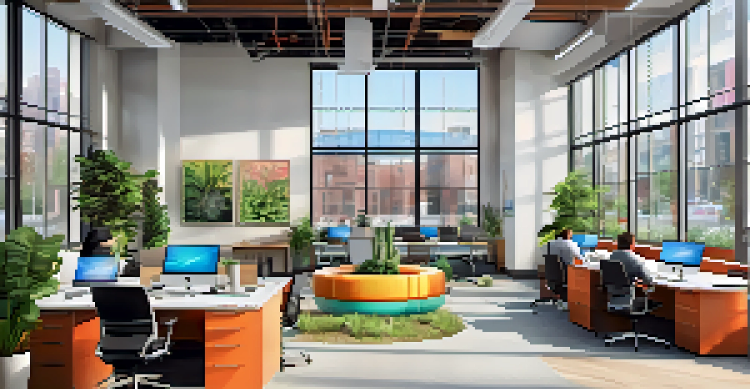 A vibrant and modern tech startup office in Buffalo with open spaces, collaborative workstations, and bright decor.