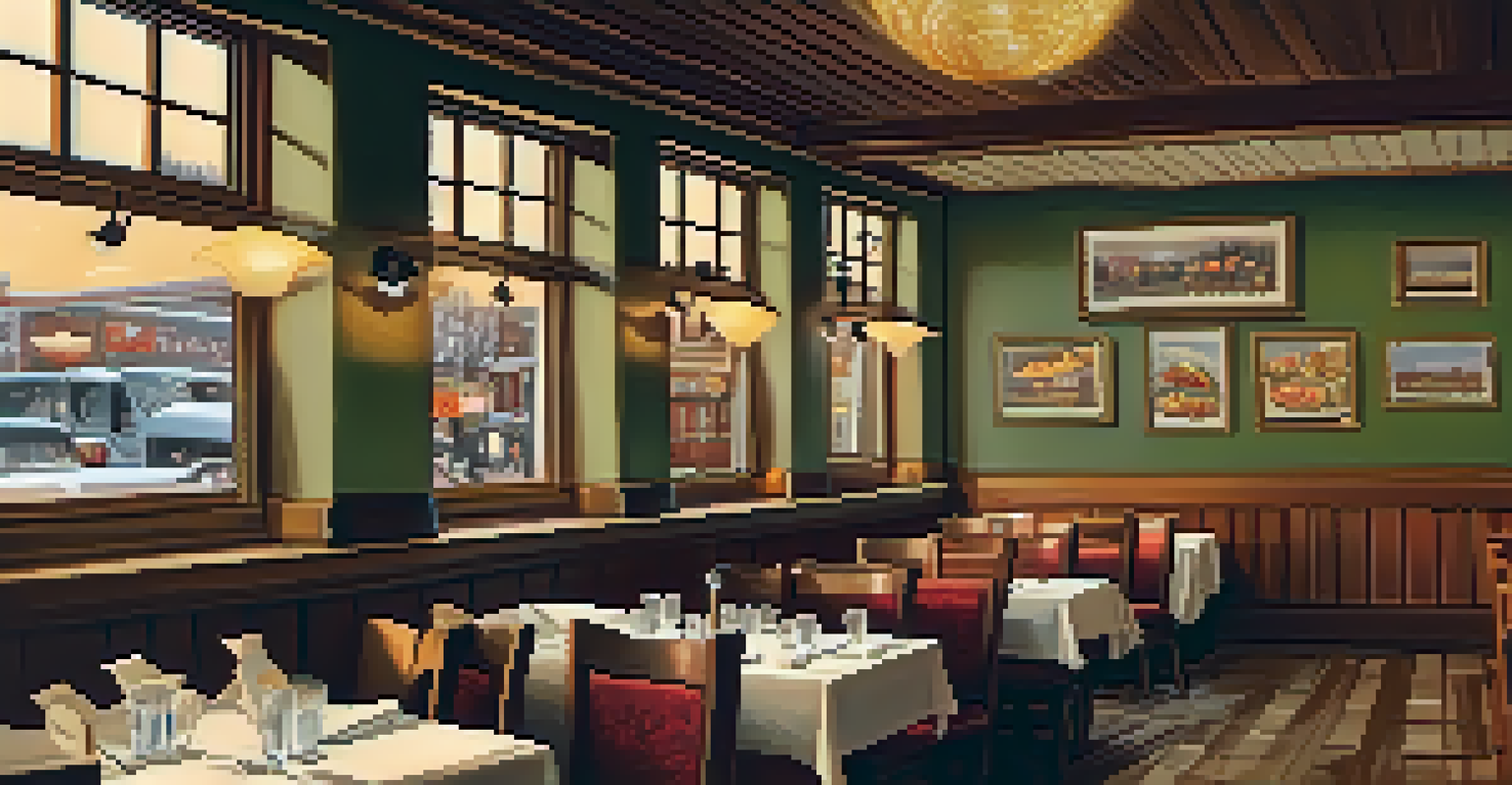 The interior of a cozy Polish restaurant with wooden furniture, traditional artwork, and a display of Polish dishes.