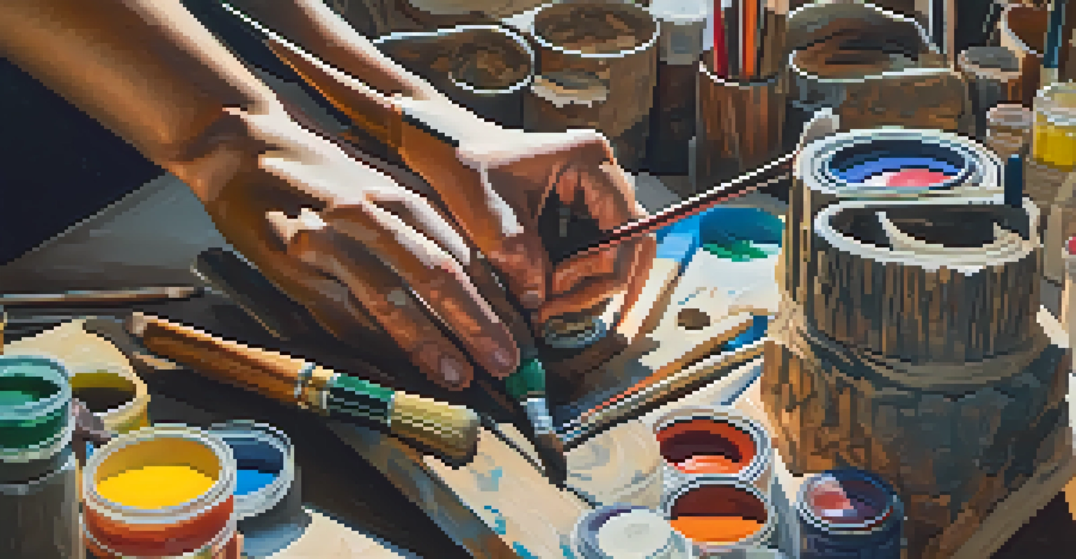 An artist's hands creating a mixed media sculpture from reclaimed materials, surrounded by art supplies in a well-lit workspace.