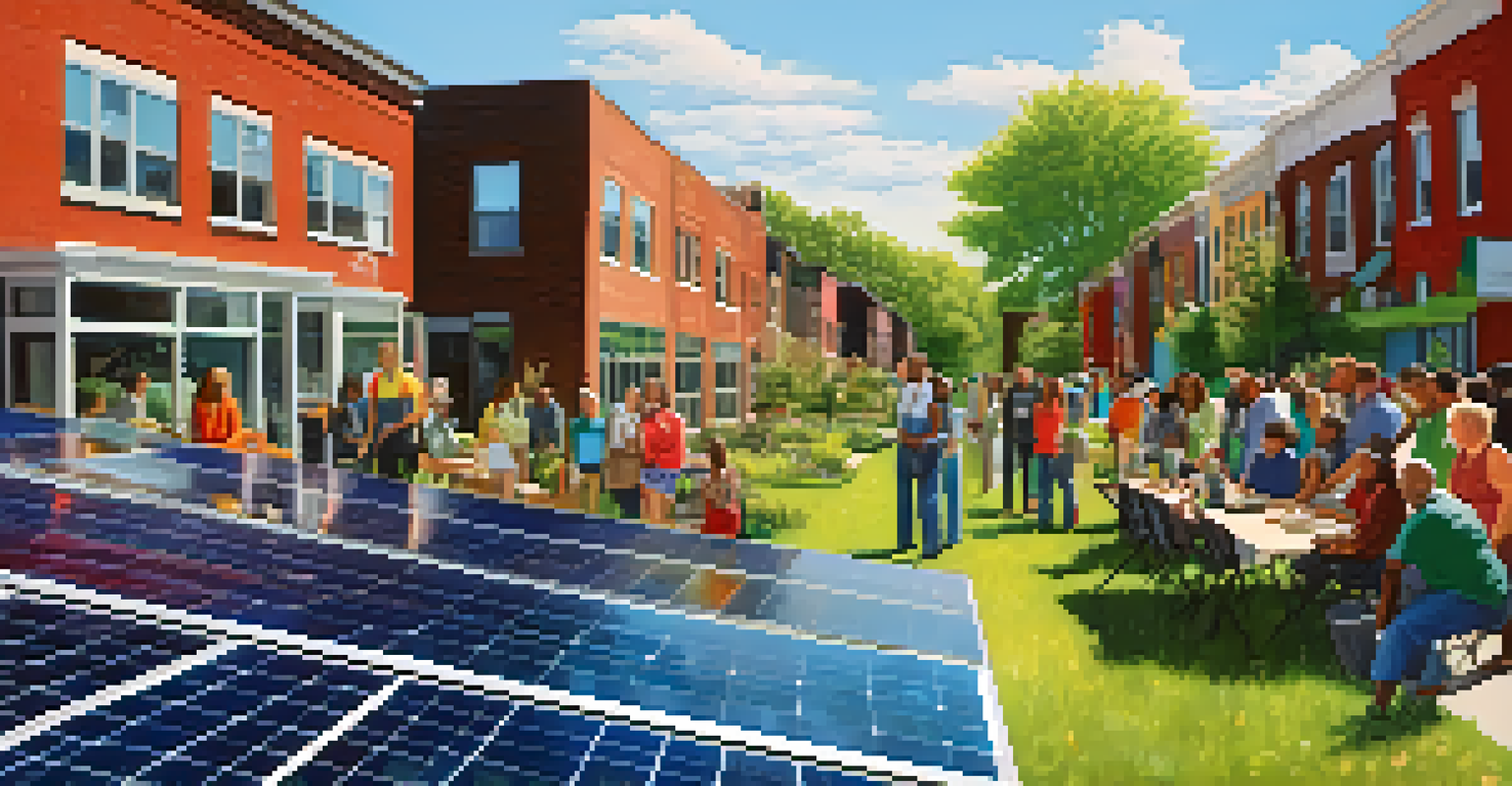 Community members discussing renewable energy in front of solar panels on rooftops in Buffalo.
