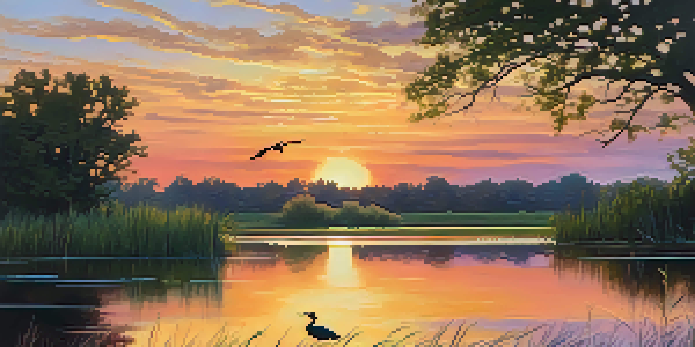 A tranquil sunset at Tifft Nature Preserve with colorful reflections on water and lush trees.