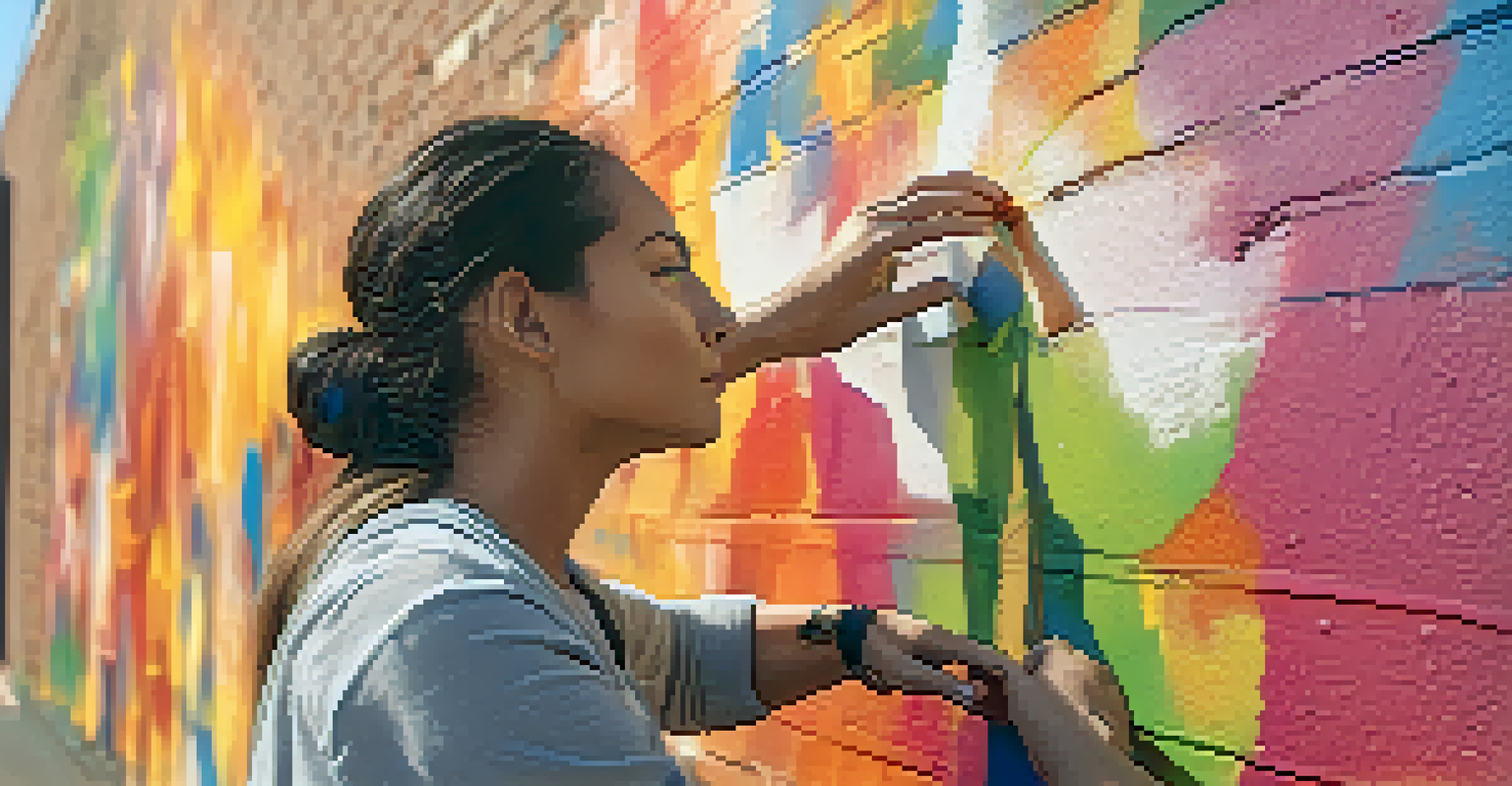A close-up of a female artist painting a mural on a brick wall in Buffalo's Arts District, surrounded by paint supplies.